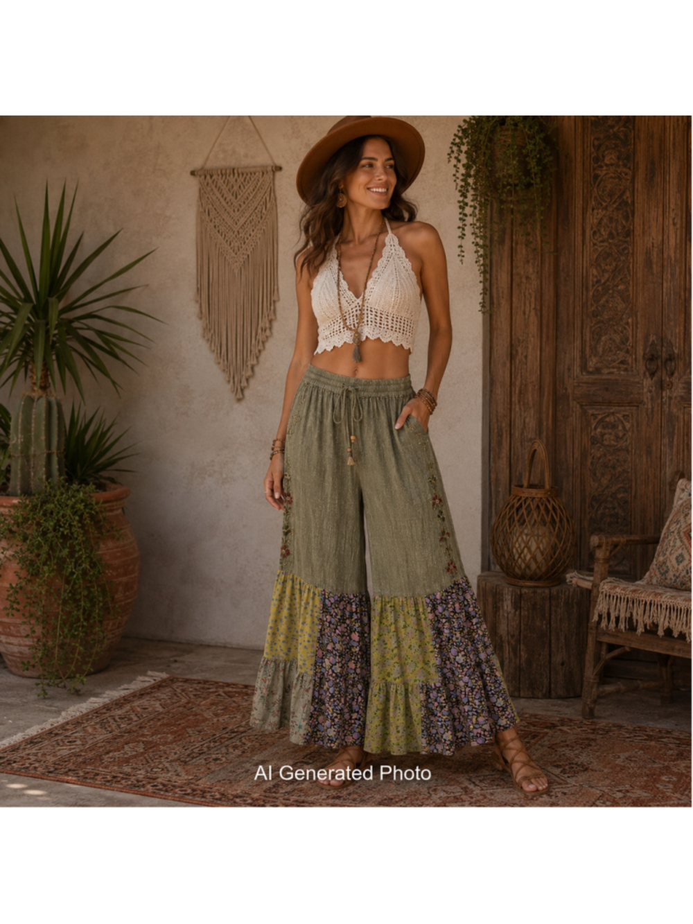 Young Threads Patchwork Crop Pant XS Green Embroidered Boho Festival Flare India